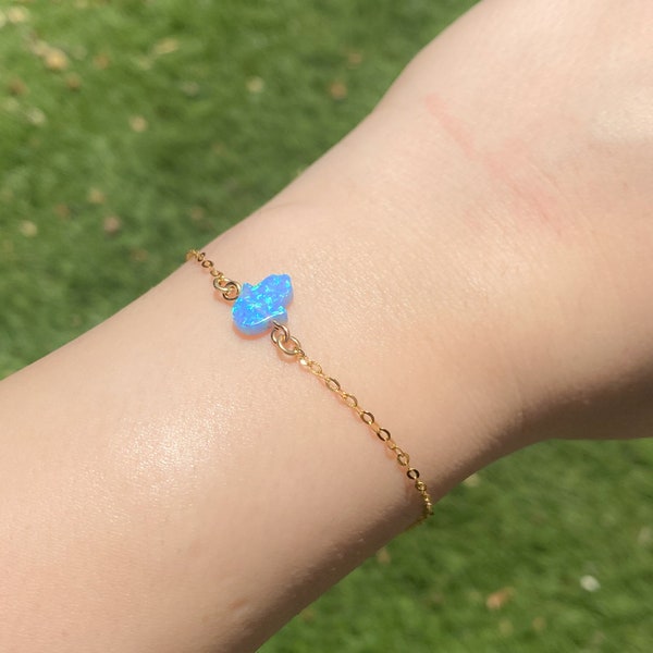 Mother Day - Blue Opal Bracelet - Gold Bracelet Small Hamsa Charm - Thin Gold Bracelet Opal - Hamsa Opalite Bracelet-Opal Bracelet