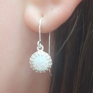 White Opal Earrings, Sterling Silver Opal Earrings, Round Opal Dangle Earrings, Bridal Wedding Earrings,Small Dangle Earrings