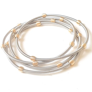 Flexible Set 4 Wire Beaded Stainless Steel Spring Bracelets,Beaded Guitar Strings Bracelet ,Silver Stainless Steel Spring Bracelets Set
