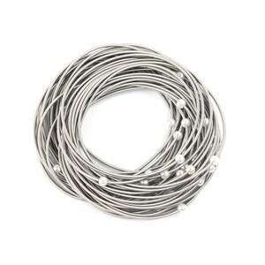 May include: A collection of silver bangles, some with small, white pearls. The bangles are arranged in a circular pattern, creating a layered effect. The jewellery is set against a white background.