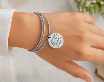 Zestaw bransolet sprężynowych ze stali nierdzewnej – zestaw zawieszek „Kocham Cię do księżyca i z powrotem” | Minimalistyczne srebrne bransoletki spiralne | Prezent dla niej