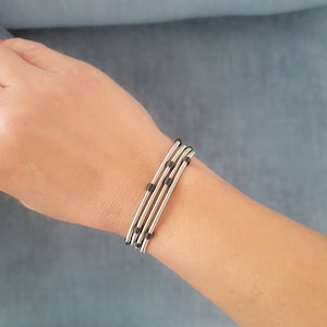 Beaded Guitar Strings Bracelet Silver- Silver Strings Stainless Steel- Wire Beaded Guitar Strings- Spring Bracelets Silver Stack Set of 4