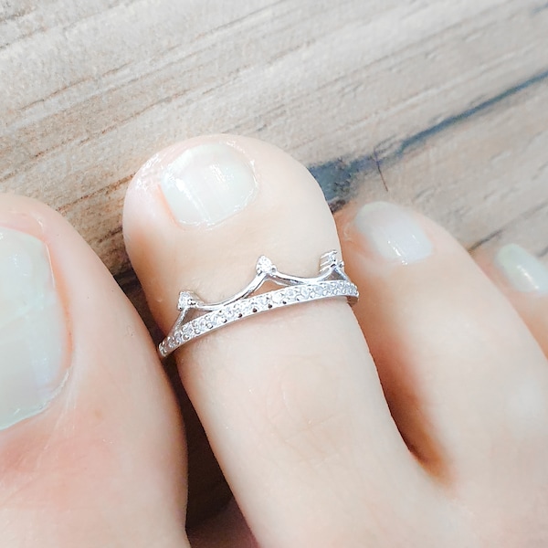 Mother Day - Toe Ring Adjustable Sterling Silver 925 Tiny CZ Diamonds Crown Adjustable Toe Ring Dainty Midi Ring