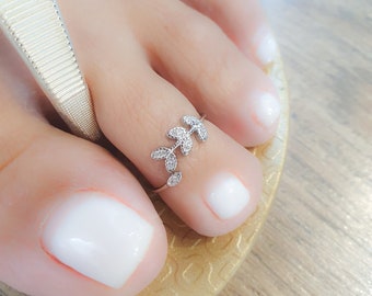 Toe Ring Adjustable Sterling Silver 925 Tiny CZ Diamonds Leaf Laurel Flower Adjustable Toe Ring Dainty Midi Ring