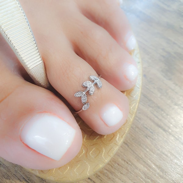 Mother Day - Toe Ring Adjustable Sterling Silver 925 Tiny CZ Diamonds Leaf Laurel Flower Adjustable Toe Ring Dainty Midi Ring