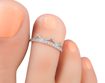 Toe Ring Adjustable Sterling Silver 925 Tiny CZ Diamonds Crown Adjustable Toe Ring Dainty Midi Ring