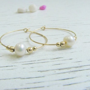 Mother Day Pearl hoops Hoop earrings, Dainty pearl earrings, white perat earring, Fresh water pearl earrings image 1