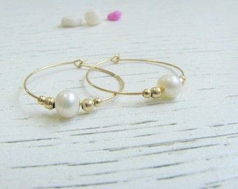 Mother Day - Pearl hoops Hoop earrings, Dainty pearl earrings, white perat earring, Fresh water pearl earrings