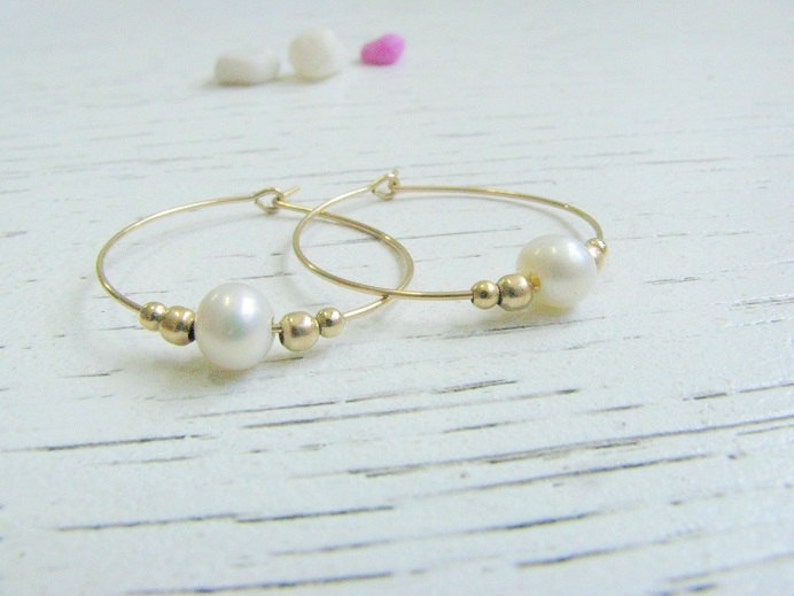 Mother Day Pearl hoops Hoop earrings, Dainty pearl earrings, white perat earring, Fresh water pearl earrings image 1