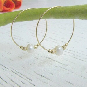 Mother Day Pearl hoops Hoop earrings, Dainty pearl earrings, white perat earring, Fresh water pearl earrings image 2