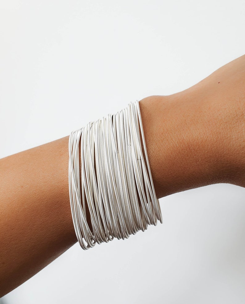 Mother Day guitar string bracelets, White silver spring bracelets, Stainelss steel, layered bracelets, thin silver bracelet image 2