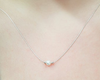 Mother Day - White Pearl Necklace, Thin Pearl Necklace, Silver Necklace with Pearl Bead, Elegant Pearl Necklace, Dainty Pearl Necklace