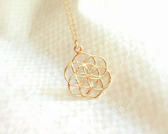 Mother Day - Flower of Life necklace Seed of Life charm Gold mandala sacred geometry jewelry Long necklace