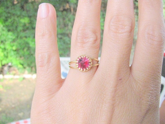 Ruby Stone Ring Gold Fuchsia Vintage Pink Swarovski Crystal 