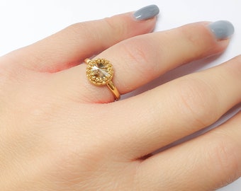 Mother Day - Champagne Ring - Gold Champagne Ring - Topaz Ring - Gold Swarovski Yellow Crystal RIng - Dainty Delicate Ring