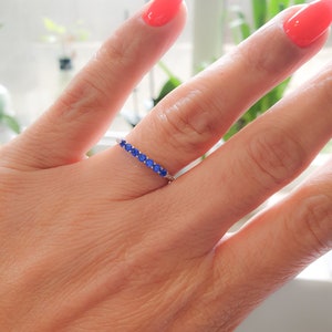 Sterling Silver Half Eternity Band Ring,Thin Sapphire Ring,Silver Blue CZ Stone Ring,Sapphire Blue CZ Skinny Ring, Stackable Silver Ring