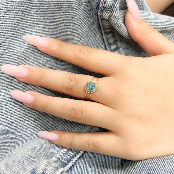 Aquamarine Ring Aqua Turquoise Blue March Birthstone Ring Vintage Crystal  Swarovski Gold Filled Sterling Silver