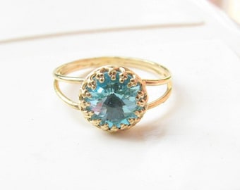 Mother Day - Aquamarine ring Gold Aqua Turquoise Blue vintage double band crystal Swarovski