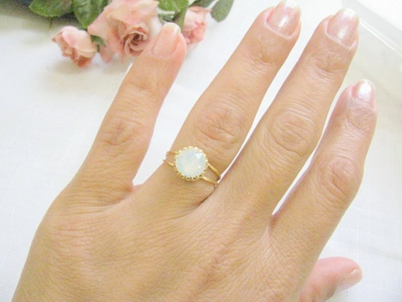 Gold opal ring white opal crystal vintage bridal jewelry image 1