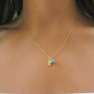 Tiny Hamsa charm necklace Gold  Turquoise Thin hamsa necklace