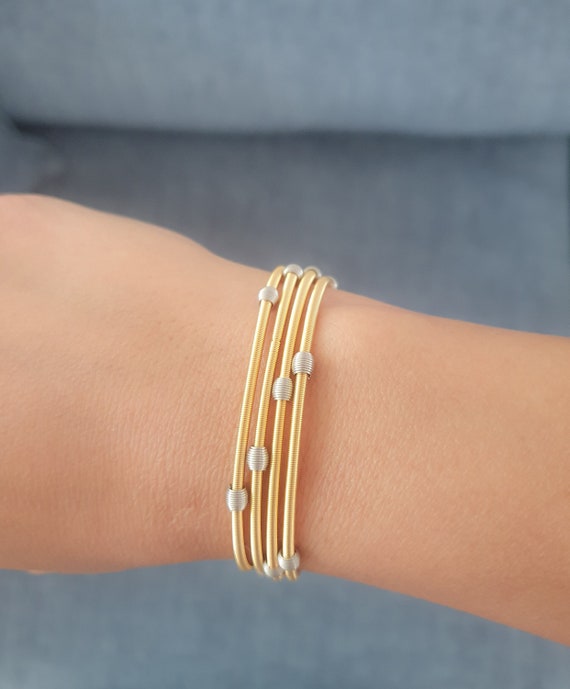 Wire Beaded Guitar Strings Bracelet Set of 4 Gold Strings