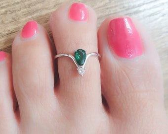 Mother Day - Toe Ring Adjustable Sterling Silver 925 Tiny Emerald CZ Diamond Toe Ring Unique Open Toe Ring