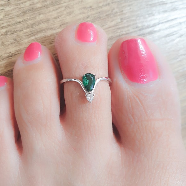 Mother Day - Toe Ring Adjustable Sterling Silver 925 Tiny Emerald CZ Diamond Toe Ring Unique Open Toe Ring