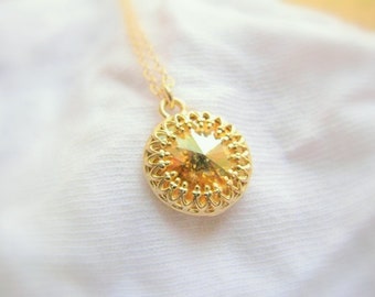 Crystal necklace,  Gold Champagne stone Necklace, Topaz Crystal Necklace, Yellow stone Swarovski Necklace, Dainty Delicate