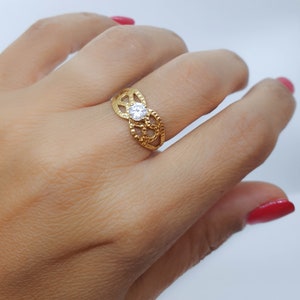 Wide gold ring filigree diamond lace CZ ring