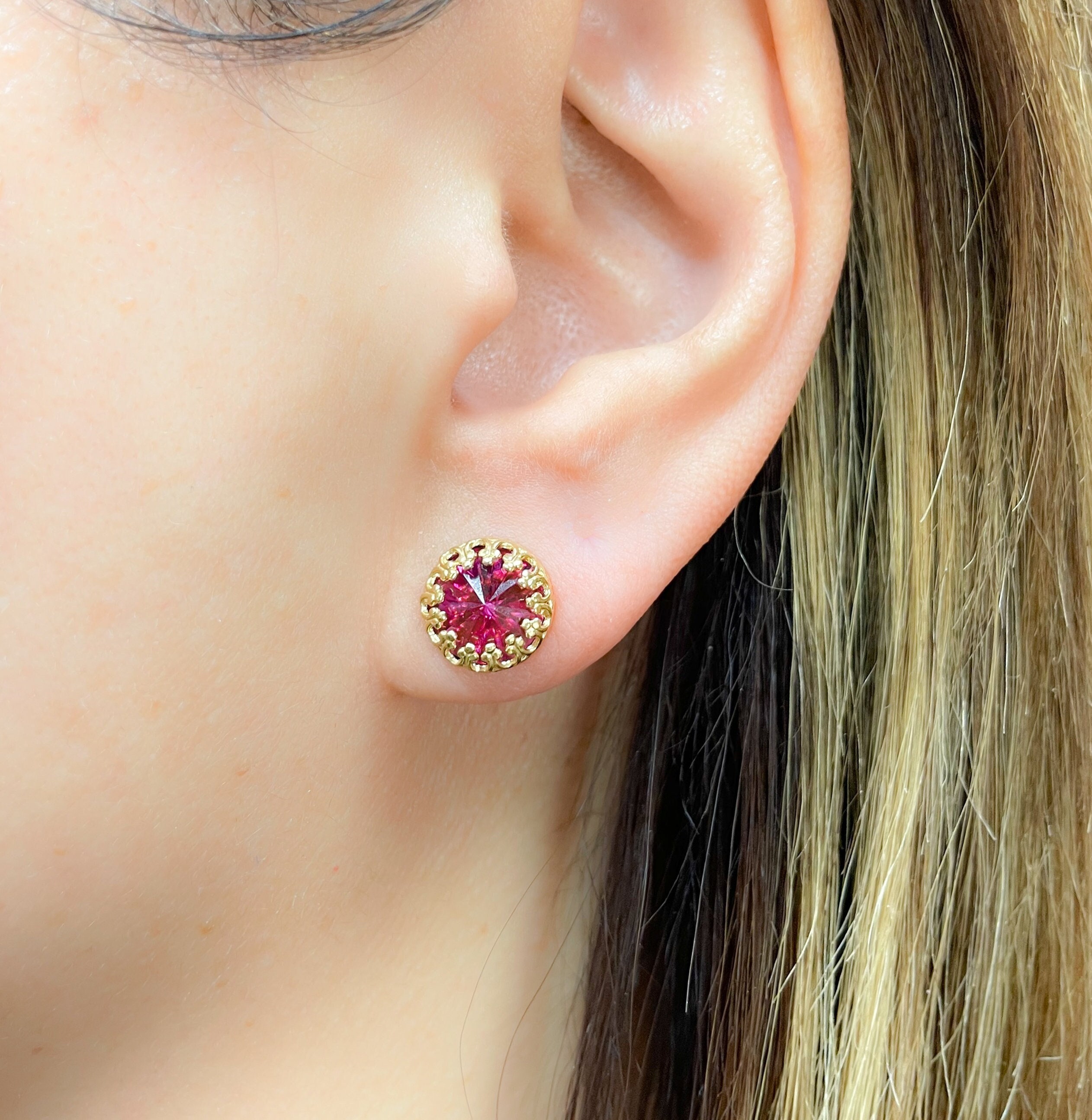 MoonliDesigns Ruby Studs Earrings July Birthstone 8mm Round Crystal Studs Ruby Jewelry Gold Filled Earrings