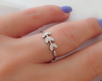 Leaf ring - Sterling Silver Laurel Ring - Leaf Branch Ring - Wrap cz Leaf Ring-CZ Leaves Ring-Open CZ Ring-Tiny Diamonds Cuff Ring