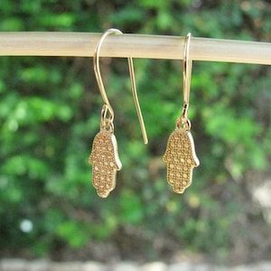 Hamsa dangle earrings gold 14k gold filled dainty evil eye hand of fatima earrings