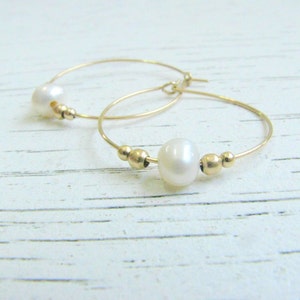 Mother Day Pearl hoops Hoop earrings, Dainty pearl earrings, white perat earring, Fresh water pearl earrings image 3