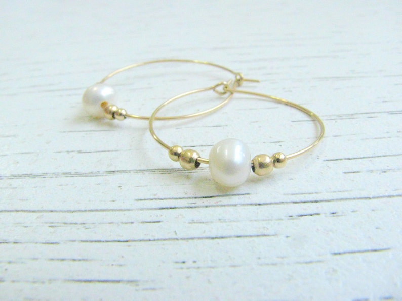 Mother Day Pearl hoops Hoop earrings, Dainty pearl earrings, white perat earring, Fresh water pearl earrings image 3