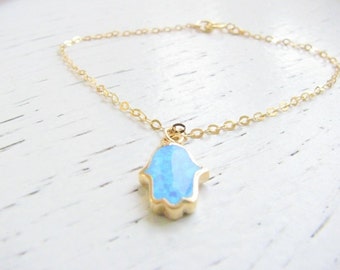 Hamsa bracelet Gold Opal Blue Turquoise Dainty everyday simple unique