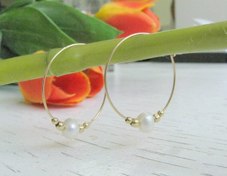 Mother Day Pearl hoops Hoop earrings, Dainty pearl earrings, white perat earring, Fresh water pearl earrings image 5