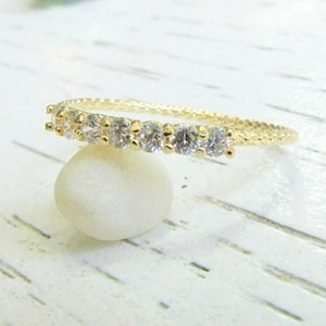 Thin Gold Ring Tiny Diamonds, Thin Band Ring Half CZ Diamonds, Gold Filled Ring Tiny Clear Crystals, 7 Diamonds Ring