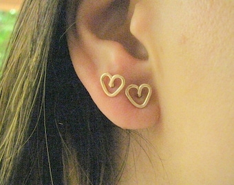 Tiny heart studs earrings gold handmade jewelry Valentine's day gift minimalist