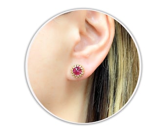 Pendientes de botón de oro con rubí, pendientes de poste, cristal rosa Swarovski, joyería de rubí, joyería de regalo para damas de honor