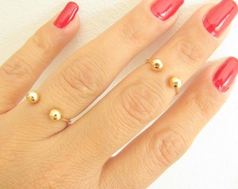 Gold Ring - Double Balls Ring - Balls Knuckle Ring - Ball Midi Ring - Gold Open ring - Gold Cuff Ring - Adjustable Ring