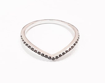Mother Day - Thin Silver V Ring,Black CZ Diamond V Ring,Sterling Silver 925 Chevron Ring,Half Eternity Chevron ring,V Chevron Ring