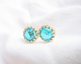 Mother Day - Turquoise studs post earrings gold Vintage blue stone something blue Swarovski crystal