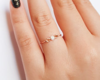 Mother Day - Rose Gold Thin Ring White Opal, Thin Rose Gold Ring, Dainty Rose Gold Opal Ring, White Opal Ring, Tiny Opal Ring