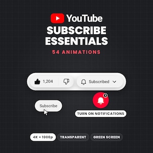 Może przedstawiać: Cyfrowa grafika z tekstem YouTube SUBSCRIBE ESSENTIALS 54 ANIMATIONS. Przedstawia biały interfejs z przyciskiem lubię to, przyciskiem nie lubię to, ikoną dzwonka subskrypcji, przyciskiem subskrybuj z kursorem oraz dzwonkiem powiadomień.