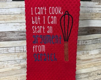 Embroidered Waffle Kitchen Towel: Funny Cooking Quote | Can’t Cook | ET155