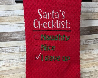 Embroidered Waffle Kitchen Towel: Christmas Funny Dishtowel | Santa’s Checklist | ET 150
