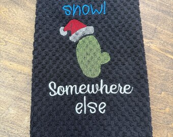 Embroidered Waffle Kitchen Towel: Christmas Funny Dishtowel Let it Snow Somewhere Else Cactus | ET128
