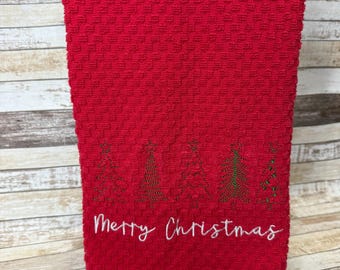 Embroidered Waffle Kitchen Towel: Christmas Tree Dishtowel | ET 149