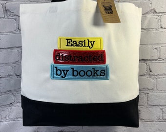 Embroidered Canvas Tote Bag: Easily Distracted by Books