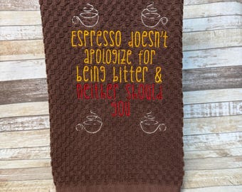 Embroidered Kitchen Towel | Tea Towel | Kitchen Towel | Espresso | ET113
